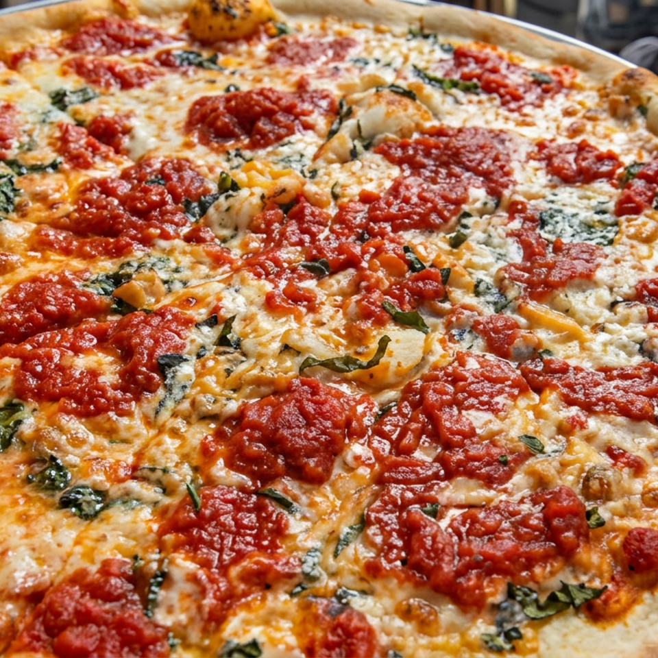 Close-up of a thin-crust pizza topped with melted cheese, tomato sauce, and fresh basil on a metal serving tray.