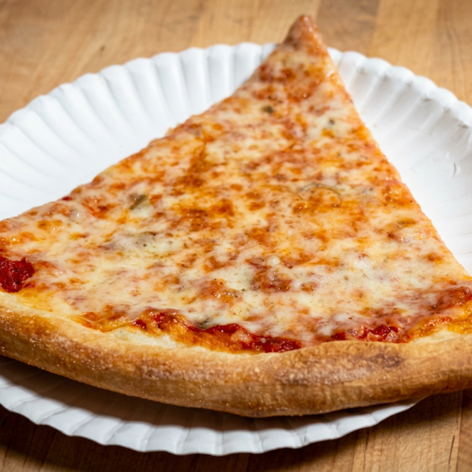 Large slice of cheese pizza with tomato sauce on a white paper plate atop a wooden table.