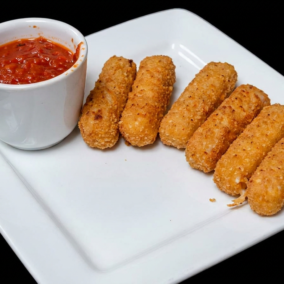 Seven crispy breaded cheese sticks arranged on a white plate with a cup of marinara sauce.