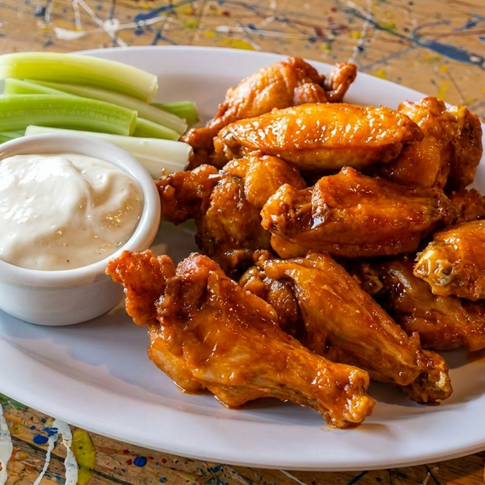 Buffalo chicken wings with celery sticks and creamy dipping sauce on a white plate atop a paint-splattered wooden table.