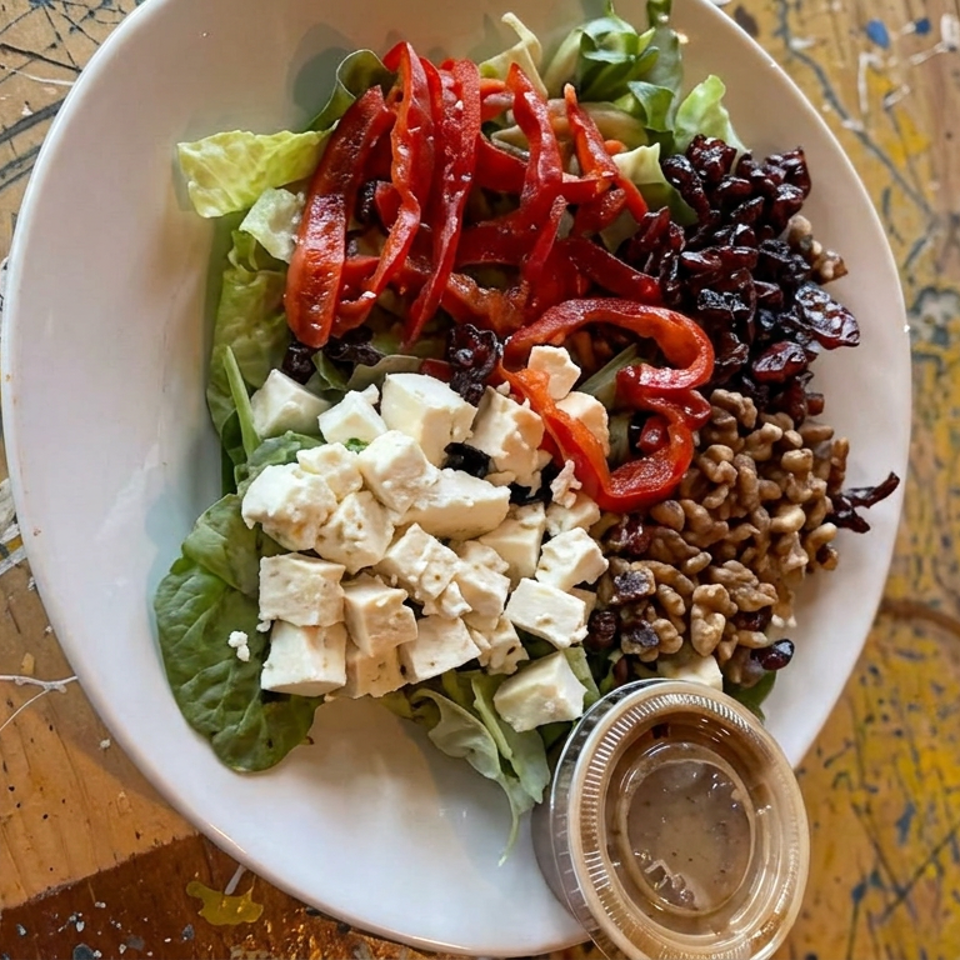 Salad with leafy greens, red peppers, feta cheese, walnuts, dried fruit, and dressing on a colorful rustic table.