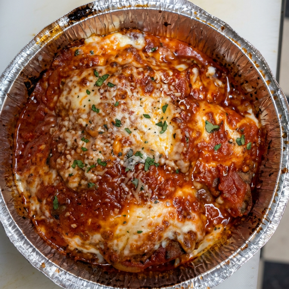 Cheesy baked pasta with tomato sauce and herbs in a round aluminum takeout container.