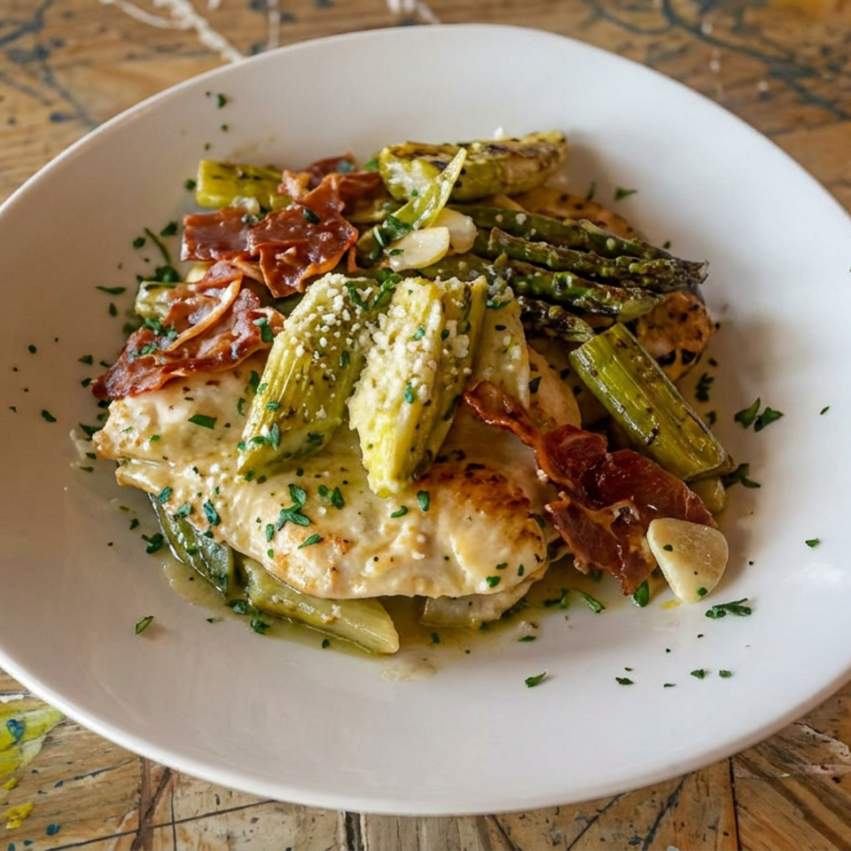White plate of ravioli topped with grilled asparagus, crispy prosciutto, garlic, herbs, and creamy sauce on a rustic wooden table.