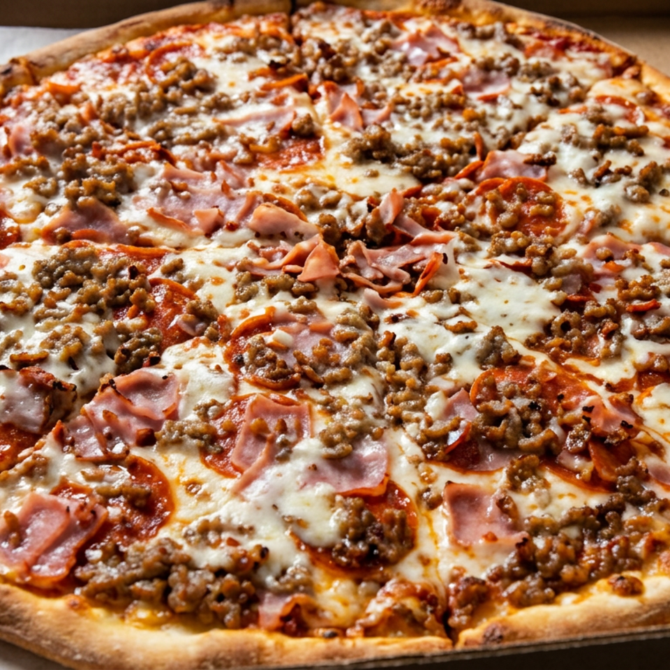 Large cheese pizza topped with pepperoni, ham, and crumbled sausage in an open cardboard delivery box.